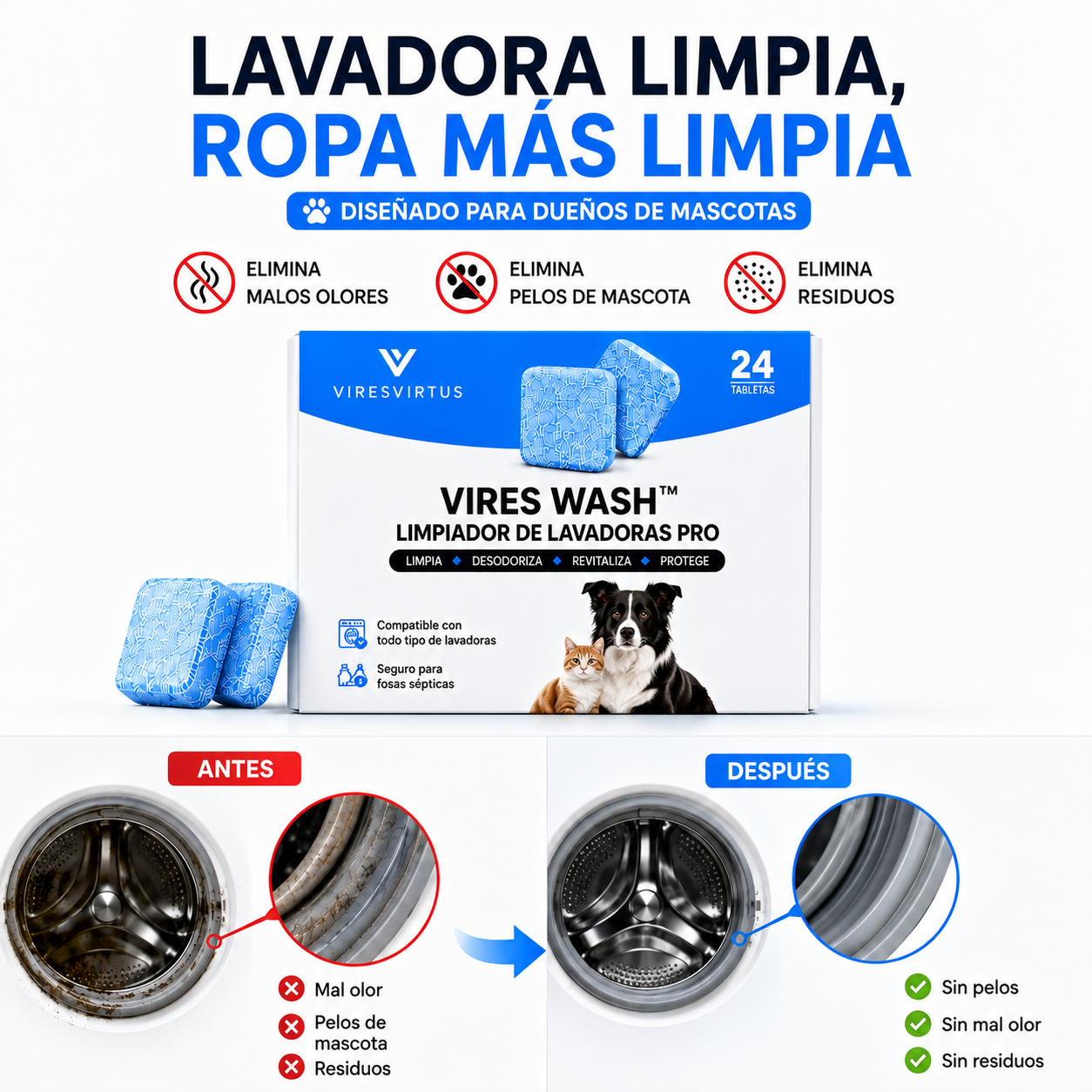 ViresWash™ Limpia tu lavadora y elimina los pelos de mascota
